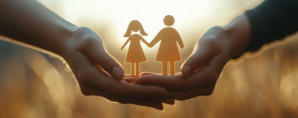 Wall Mural - Dynamic image of a couples hands holding a papercut family with two kids, emphasizing love, care, and the protective nature of family relationships