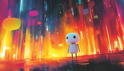 Aufkleber - Graphic showing a friendly chatbot in a vibrant environment, with speech bubbles displaying positive messages and support, highlighting the benefits of generative AI