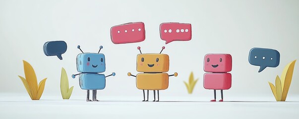 Leinwandbilder - Illustration of a chatbot character chatting with multiple users, each represented by colorful speech bubbles, symbolizing friendly engagement and assistance through AI