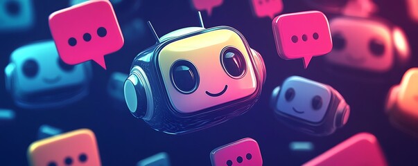Leinwandbilder - Illustration of a chatbot character chatting with multiple users, each represented by colorful speech bubbles, symbolizing friendly engagement and assistance through AI