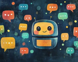 Leinwandbilder - Illustration of a friendly chatbot character with a smiling face, surrounded by colorful speech bubbles, showcasing engaging conversations created with generative AI