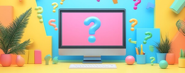 Aufkleber - Illustration of colorful question marks floating around a computer screen, representing the concept of online inquiries and the search for answers to FAQ topics