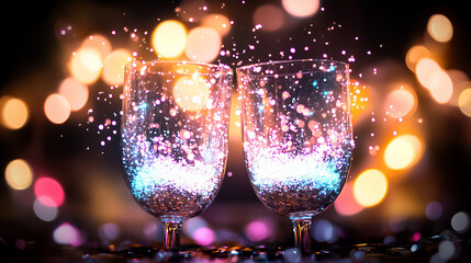 Sparkling celebration with two glasses and colorful bokeh lights in the background during a festive event at night