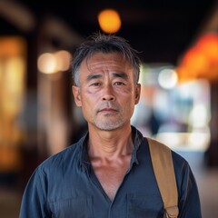 A middle-aged Asian man with gray hair, wearing a blue shirt, looks directly at the camera with a serious expression.