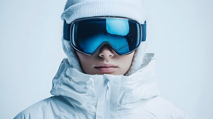 Winter sports portrait showing person in white ski jacket, beanie, reflective blue goggles against white background, modern ski equipment lifestyle shot.