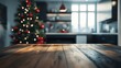 © Valentyna Prudnikova - Festive kitchen scene with rustic wooden table in foreground, blurred Christmas tree adorned with lights and ornaments, modern interior design in background.