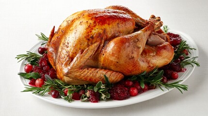 Golden roasted turkey on white platter, garnished with fresh cranberries and rosemary sprigs. Traditional Thanksgiving centerpiece exudes warmth and festivity.