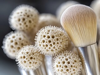 Close-up of makeup brushes with soft bristles, artistically arranged. Ideal for cosmetics, beauty, and personal care themes.