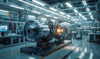 Poster - A futuristic engine in a high-tech workshop environment, showcasing advanced machinery and illuminated components.