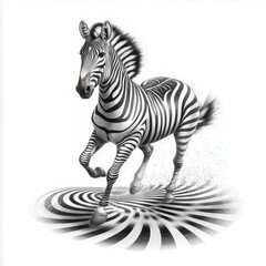 A dynamic zebra running in a spiraled pattern, showcasing its striking black and white stripes.