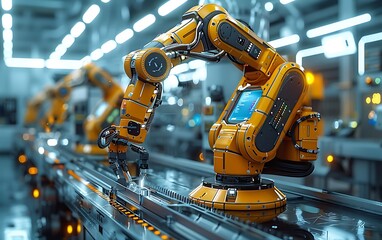 Aufkleber - A modern industrial robot arm is engaged in a manufacturing process, showcasing advanced automation within a factory setting.