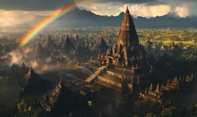 Wall Mural - Ancient temple complex with rainbow over mountains.