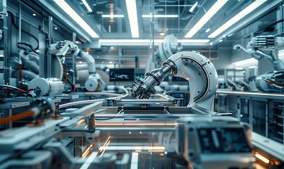 Aufkleber - A futuristic automation scene featuring advanced robotic arms in a high-tech manufacturing environment.