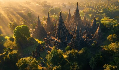 Wall Mural - Ancient temple complex bathed in golden sunlight.