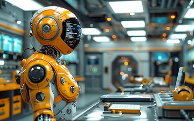 Aufkleber - A futuristic robotic figure in a technologically advanced space, characterized by vibrant orange accents and a sleek design.