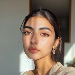 A young woman with long dark hair looks directly at the camera. She is wearing a simple beige top. The sun is shining through a window behind her, creating a soft glow on her face.