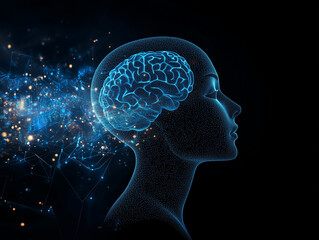 A woman's brain is shown in a blue and white color scheme. Concept of intelligence and thoughtfulness