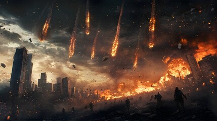apocalyptic city crumbles as meteors rain from the sky chaos and destruction engulf the urban landsc