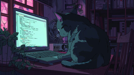 Anime-Style Scene of a Black Cat Coding on a Laptop