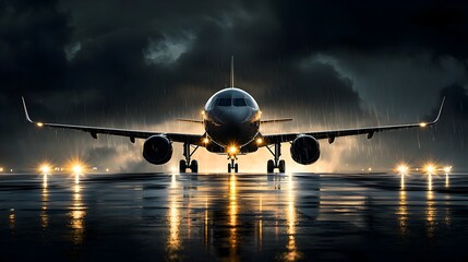 Aufkleber - Dramatic nighttime view of a commercial airplane stationed at the airport gate illuminated by bright floodlights against a backdrop of a stormy cloudy sky with heavy rain and shadows