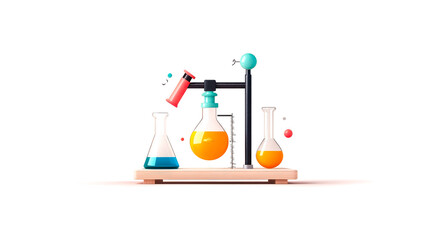 Colorful laboratory glassware with liquid experiments, featuring flasks and beakers on a wooden base, ideal for educational and scientific illustrations, isolated on a white backgr