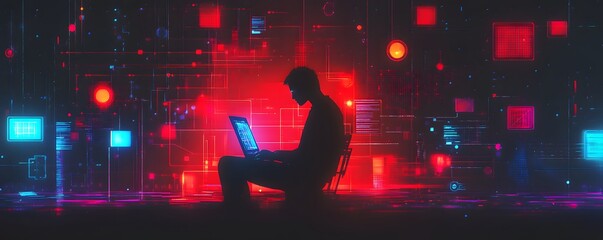 silhouette of hacker working on laptop with red and blue neon lights