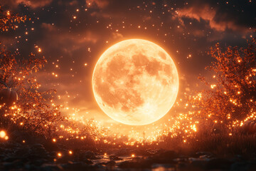 Wall Mural - A glowing orange moon is surrounded by a field of trees