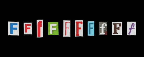 Set of cut-out letter “F” from magazines on a black background, retro y2k style symbols for collage