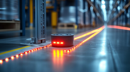 Automated Warehouse Navigation: A close-up view of an innovative red laser line guidance system in a modern warehouse.