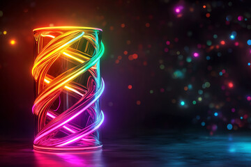 Abstract twisted glass sculpture with vibrant reflections, illuminated by neon lights in multicolored hues, dark backdrop with glowing particles