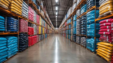 Warehouse Inventory: Rows of vibrant colored sacks fill massive warehouse shelves, creating a visually stunning display of product abundance and efficient storage solutions.  