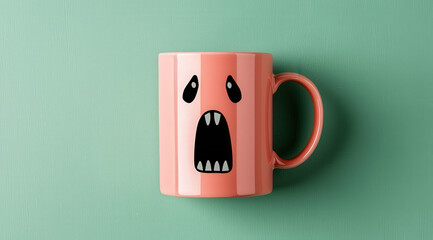 pink coffee mug with scared face design, featuring black liquid inside, adds playful touch to your kitchen decor. Perfect for coffee lovers!