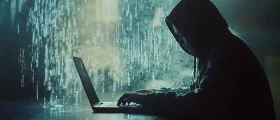 A man is typing on a laptop in a dark room