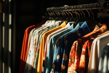 A rack of clothes with a variety of colors and patterns