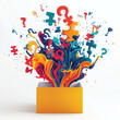 © Gun - Unboxing Innovation: A vibrant explosion of colorful puzzle pieces and question marks bursts from a yellow box, symbolizing creative problem-solving and the thrill of discovery.