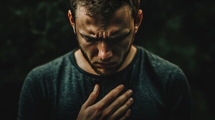 a person showing deep guilt, hand over heart, and eyes filled with remorse, reflecting on their acti