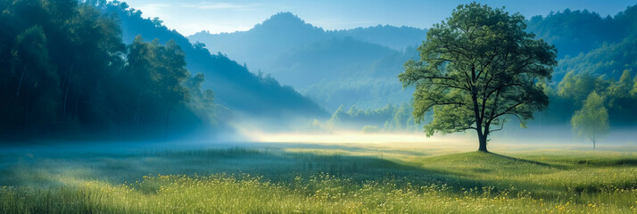 Wall Mural - Foggy Meadow. Enchanting Sunrise