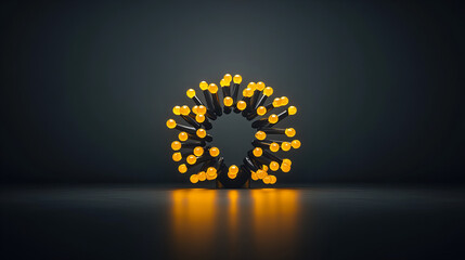 A circular arrangement of glowing yellow bulbs illuminating a dark background in a modern artistic display at a contemporary art exhibit