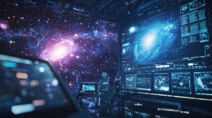 A close-up of a telescope capturing images of distant galaxies, with scientists analyzing the data in a high-tech observatory filled with screens and star charts.
