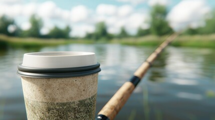 A disposable coffee cup and fishing rod on a sunny day by a lake.