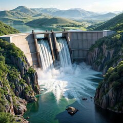 Dam Overflowing with Water. Powerful streams of water cascade down a dam into a turquoise reservoir surrounded by green hills.