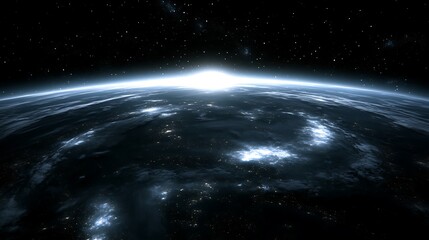 Wall Mural - earth from space with sun rising smooth blue background with copy space for advertisements
