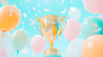 Golden trophy surrounded confetti on pastel background, concept of celebration and victory, 3D rendering.