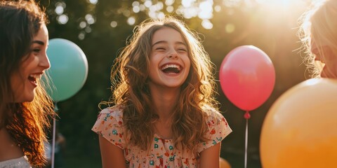 A young girl laughing with friends during a birthday party, surrounded by balloons 