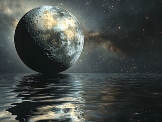 Wall Mural - ethereal watermoon orbiting barren planet amid starry cosmos