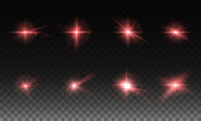 Wall Mural - Light RED star. Light sunny sparkle. Red light flash white. Vector illustrator. lighting effects. Beam a spotlight and a star with bokeh and dust. Glowing abstract isolated lenses light effects.