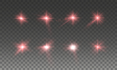 Light red star. Light sunny sparkle. Red light flash white. Vector illustrator. lighting effects. Beam a spotlight and a star with bokeh and dust. Glowing abstract isolated lenses light effects.