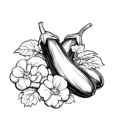 Hand-drawn illustration of eggplants and flowers with leaves in black and white