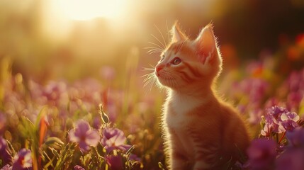 Wall Mural - Kitten in Sunset Field.