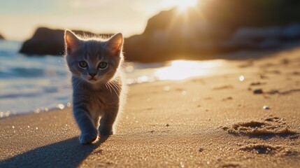 Wall Mural - Kitten on Beach at Sunset.